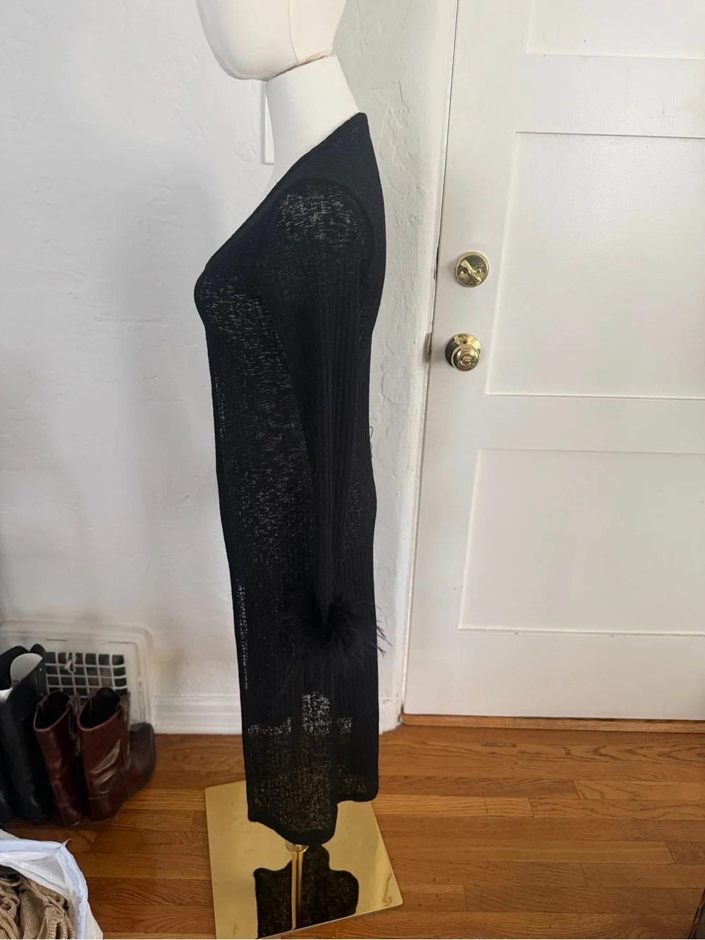Black Feather Cuff Longline Women's Cardigan